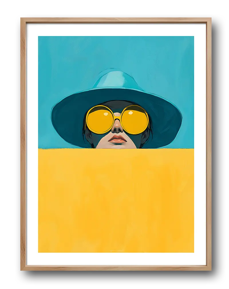 A striking illustration of a woman wearing large yellow sunglasses and a wide-brimmed hat, partially hidden behind a yellow wall. The vibrant colors and modern style make this wall art perfect for adding a bold, artistic statement to any room