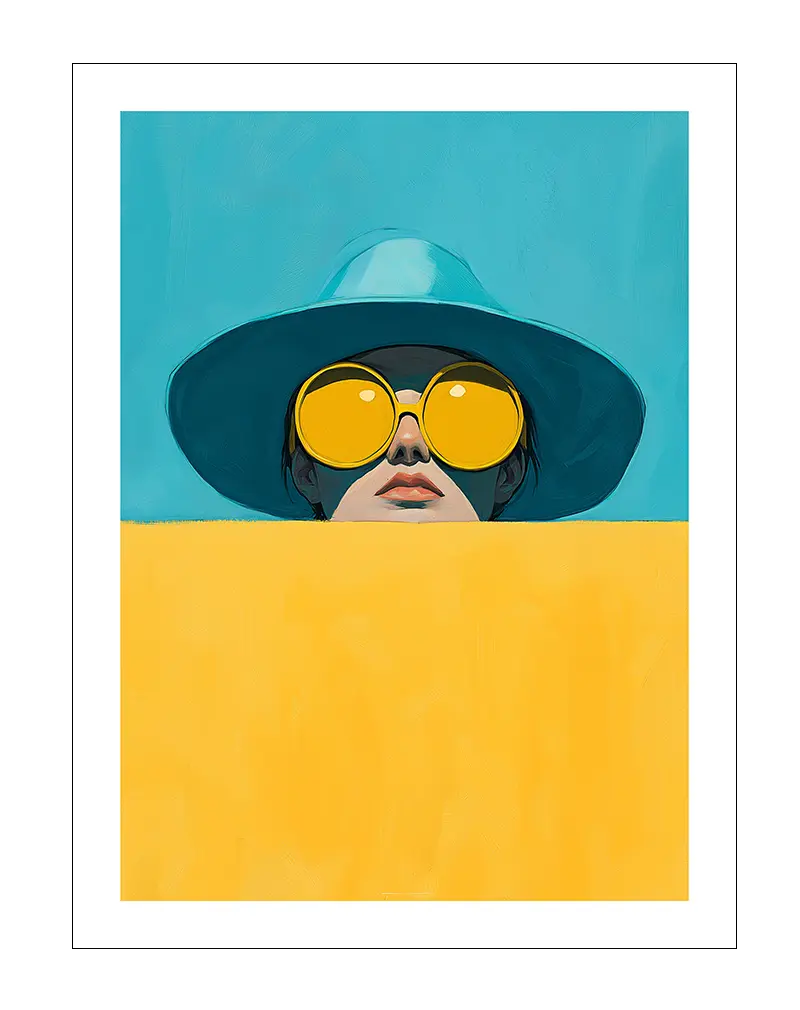 A striking illustration of a woman wearing large yellow sunglasses and a wide-brimmed hat, partially hidden behind a yellow wall. The vibrant colors and modern style make this wall art perfect for adding a bold, artistic statement to any room