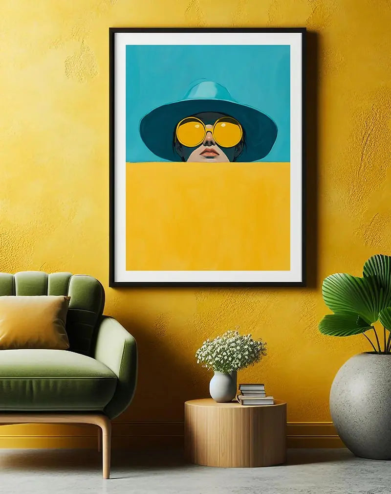 A striking illustration of a woman wearing large yellow sunglasses and a wide-brimmed hat, partially hidden behind a yellow wall. The vibrant colors and modern style make this wall art perfect for adding a bold, artistic statement to any room