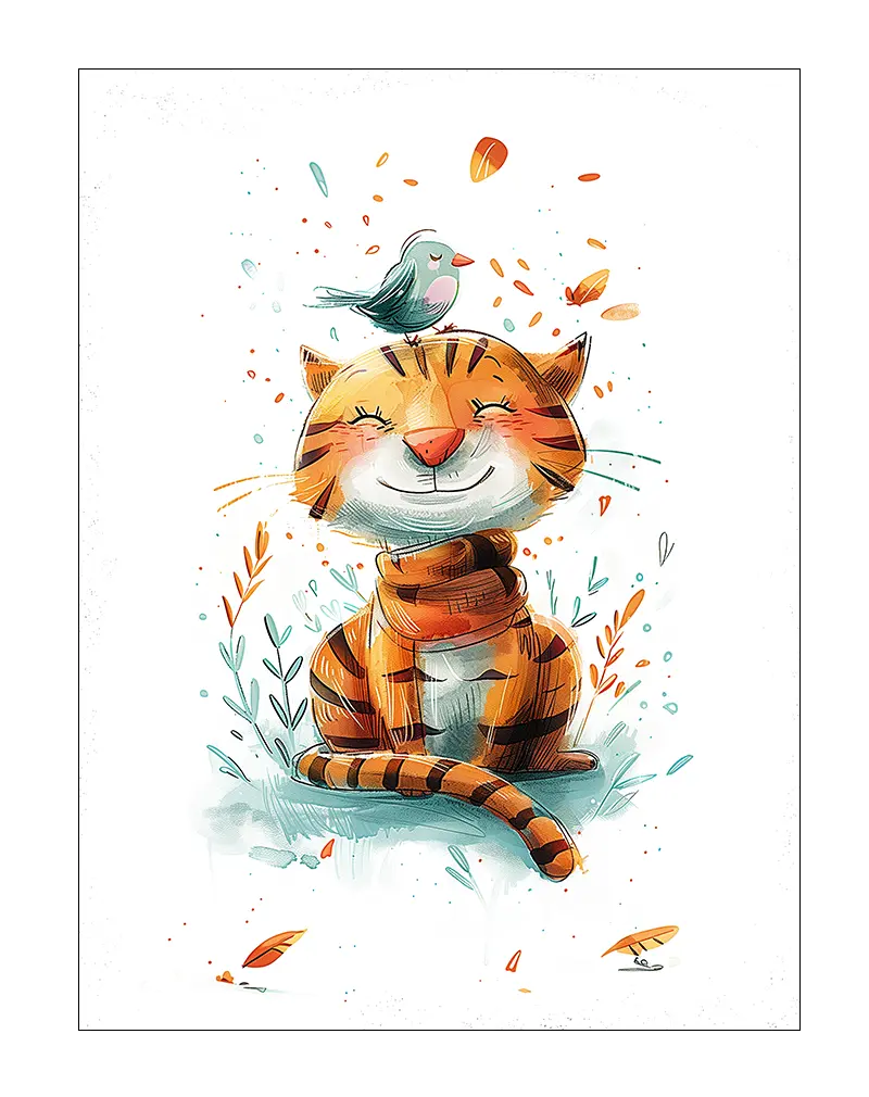 A playful illustration of a smiling cat with a bird perched on its head, surrounded by colorful leaves. Perfect wall art for adding a touch of joy and whimsy to a children's room or play area