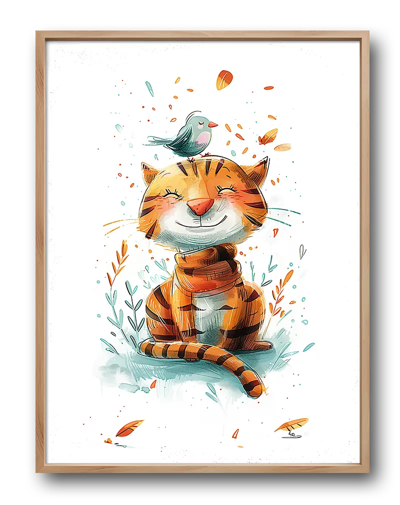 A playful illustration of a smiling cat with a bird perched on its head, surrounded by colorful leaves. Perfect wall art for adding a touch of joy and whimsy to a children's room or play area