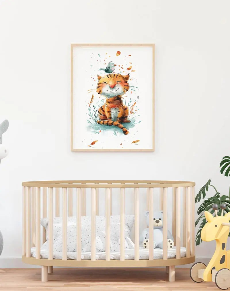 A playful illustration of a smiling cat with a bird perched on its head, surrounded by colorful leaves. Perfect wall art for adding a touch of joy and whimsy to a children's room or play area