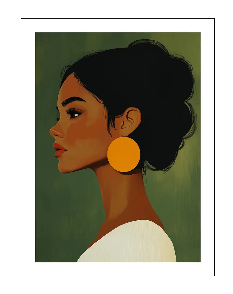 An elegant modern illustration of a woman in profile with striking orange earrings and a green background.