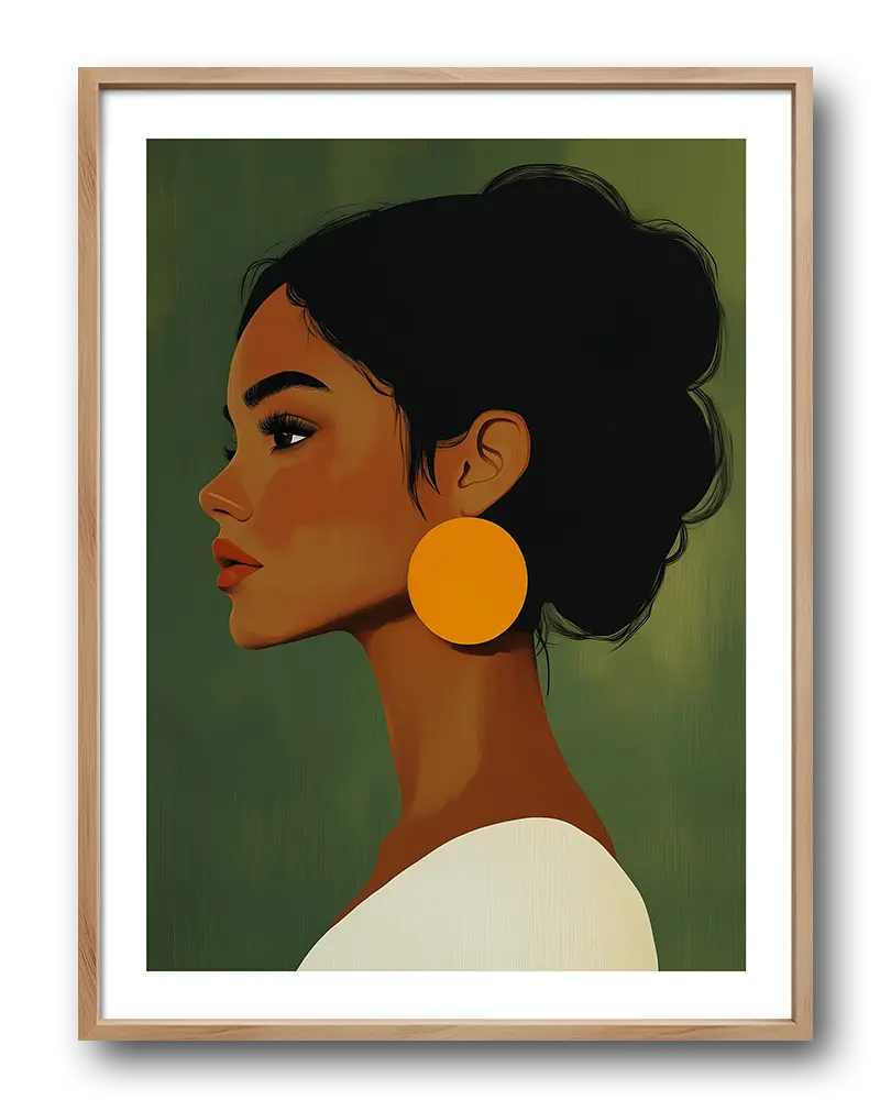 An elegant modern illustration of a woman in profile with striking orange earrings and a green background.