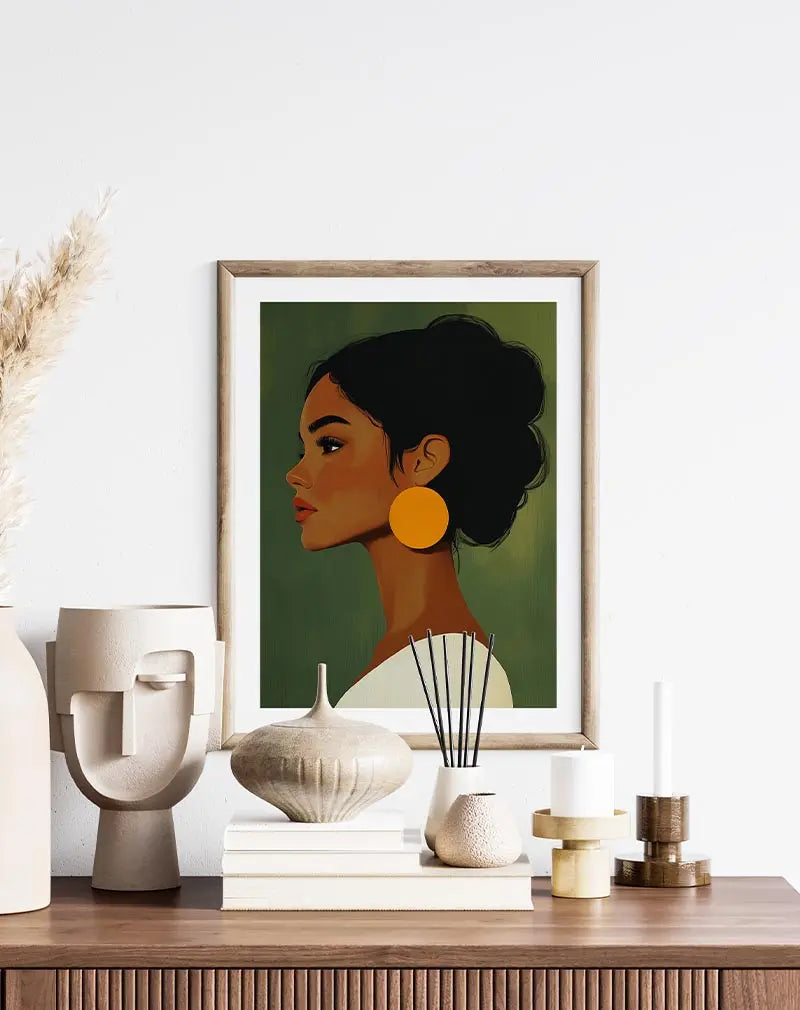 An elegant modern illustration of a woman in profile with striking orange earrings and a green background.