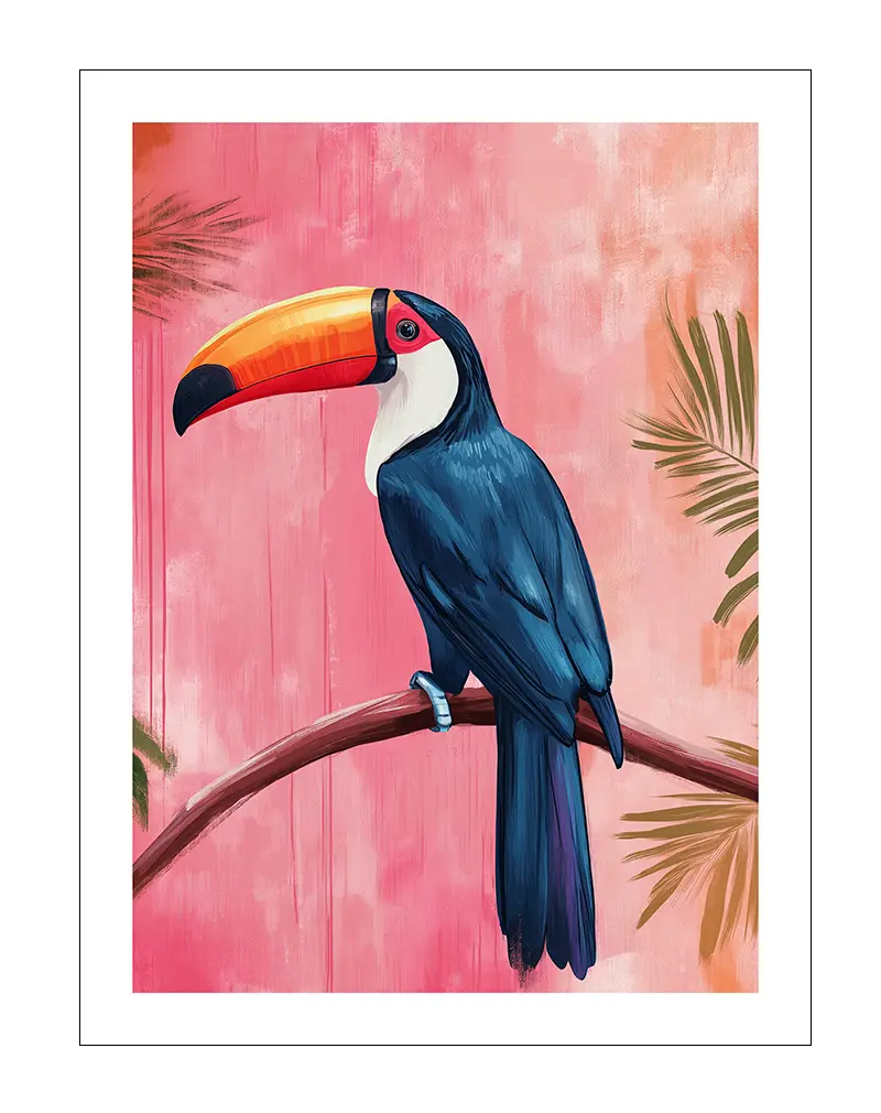 A vibrant illustration of a toucan perched on a branch with a pink background and palm leaves. This colorful wall art adds a tropical and lively touch to any space, perfect for nature lovers and exotic themes