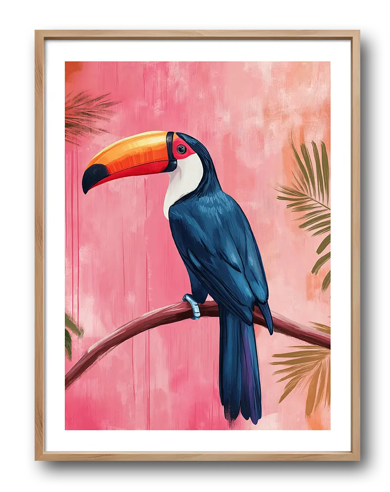 A vibrant illustration of a toucan perched on a branch with a pink background and palm leaves. This colorful wall art adds a tropical and lively touch to any space, perfect for nature lovers and exotic themes