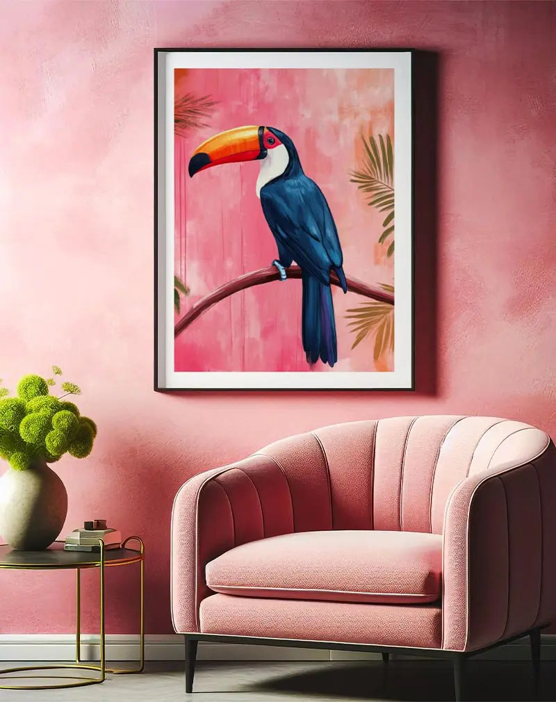 A vibrant illustration of a toucan perched on a branch with a pink background and palm leaves. This colorful wall art adds a tropical and lively touch to any space, perfect for nature lovers and exotic themes