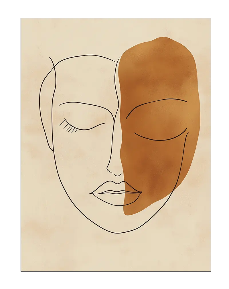 A minimalist line art of a face with a bold abstract brown shape covering half of it. Perfect wall art for a modern and elegant touch in living spaces or creative studios