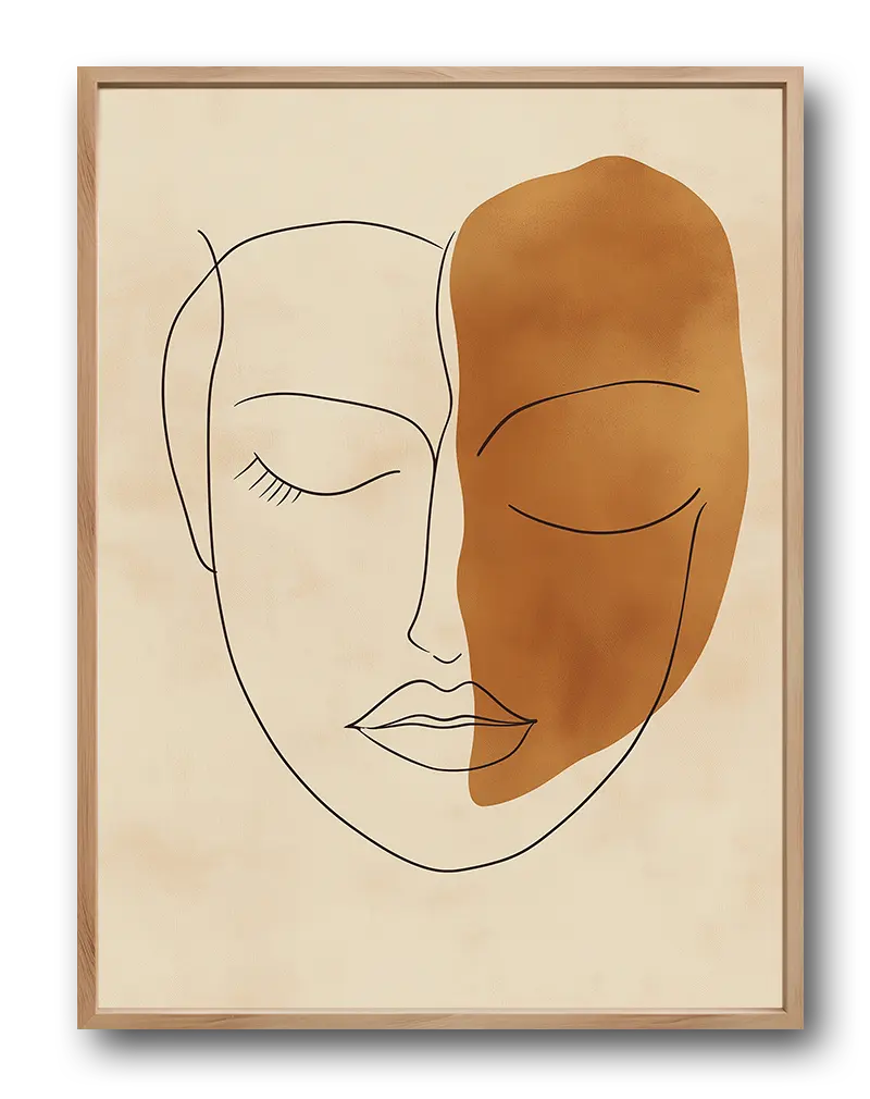 A minimalist line art of a face with a bold abstract brown shape covering half of it. Perfect wall art for a modern and elegant touch in living spaces or creative studios