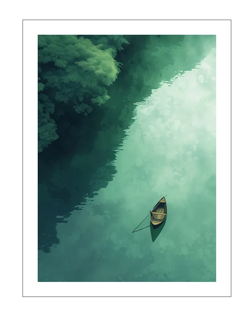 A peaceful scene of a small wooden boat floating on a calm, green-tinted lake near a lush forest. Perfect wall art for creating a serene and calming atmosphere in any room