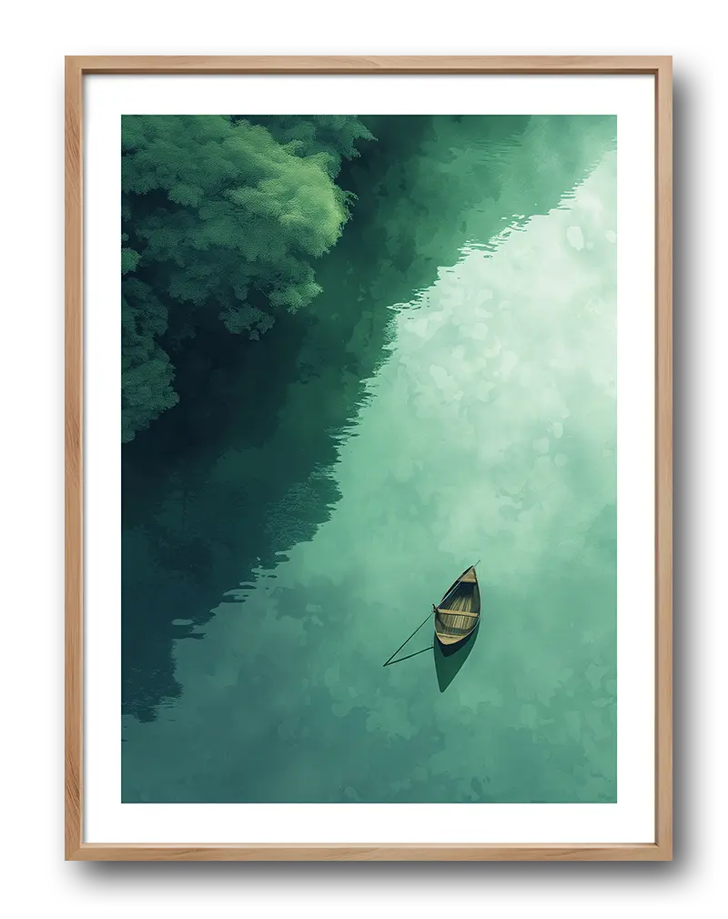 A peaceful scene of a small wooden boat floating on a calm, green-tinted lake near a lush forest. Perfect wall art for creating a serene and calming atmosphere in any room