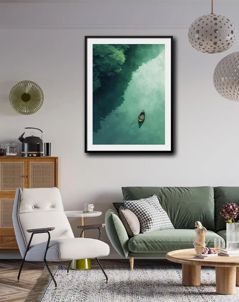 A peaceful scene of a small wooden boat floating on a calm, green-tinted lake near a lush forest. Perfect wall art for creating a serene and calming atmosphere in any room