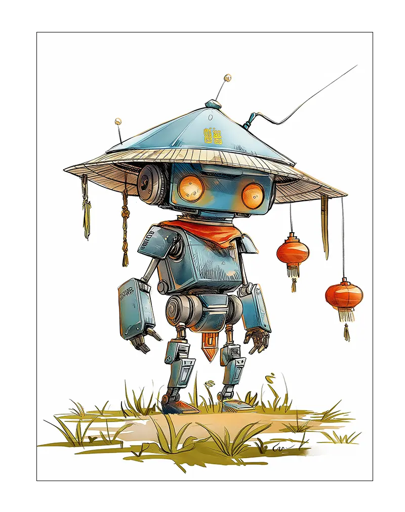 A whimsical illustration of a robot dressed as a traditional samurai with a conical hat, standing in a grassy field. Perfect wall art for adding a playful and futuristic touch to any space