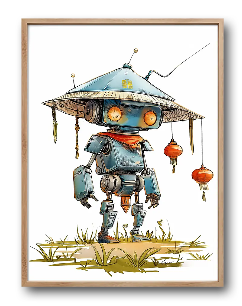 A whimsical illustration of a robot dressed as a traditional samurai with a conical hat, standing in a grassy field. Perfect wall art for adding a playful and futuristic touch to any space