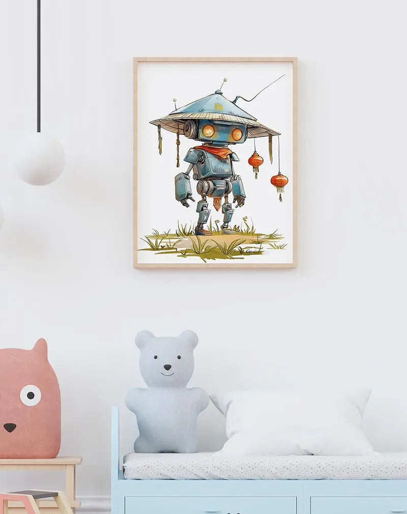 A whimsical illustration of a robot dressed as a traditional samurai with a conical hat, standing in a grassy field. Perfect wall art for adding a playful and futuristic touch to any space