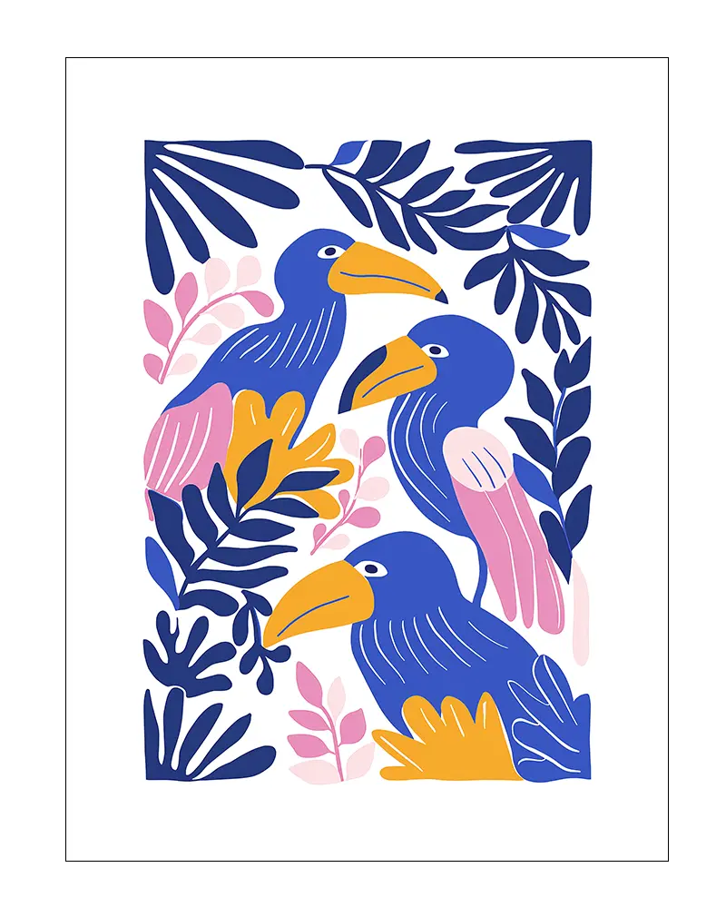 A vibrant illustration of tropical birds surrounded by colorful leaves in blue, pink, and yellow tones. Perfect wall art for a playful and exotic touch to any room, ideal for brightening up your decor