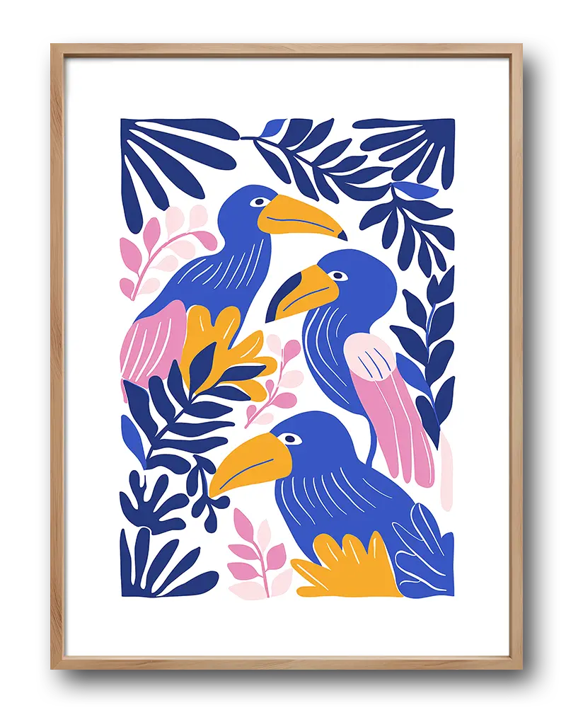 A vibrant illustration of tropical birds surrounded by colorful leaves in blue, pink, and yellow tones. Perfect wall art for a playful and exotic touch to any room, ideal for brightening up your decor