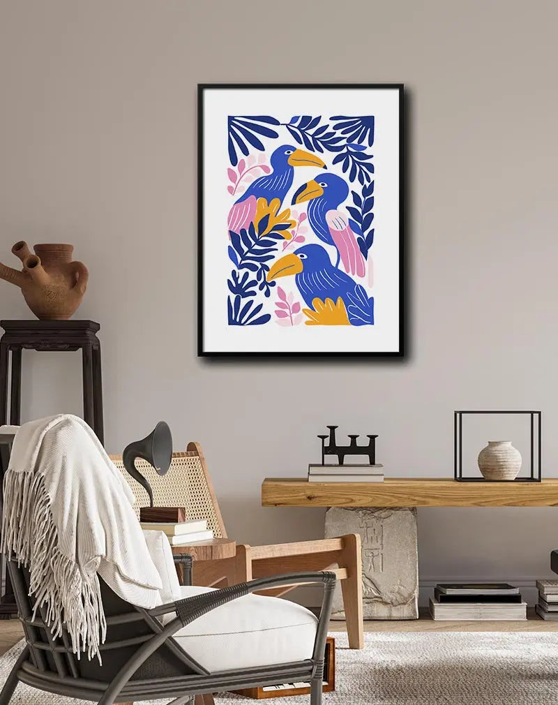 A vibrant illustration of tropical birds surrounded by colorful leaves in blue, pink, and yellow tones. Perfect wall art for a playful and exotic touch to any room, ideal for brightening up your decor