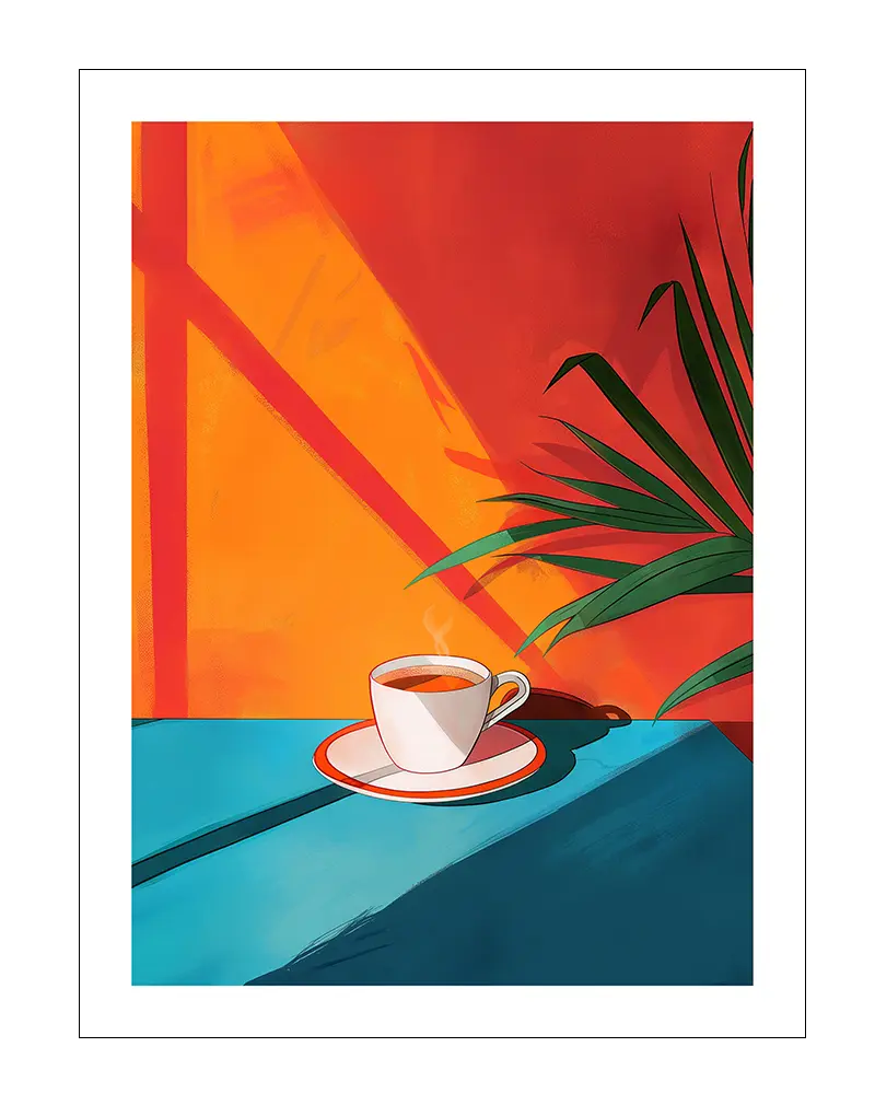 A peaceful illustration of a steaming cup of coffee placed on a vibrant blue table, bathed in warm sunlight with tropical plant shadows. Perfect wall art for coffee lovers, creating a relaxing and cozy ambiance in any space