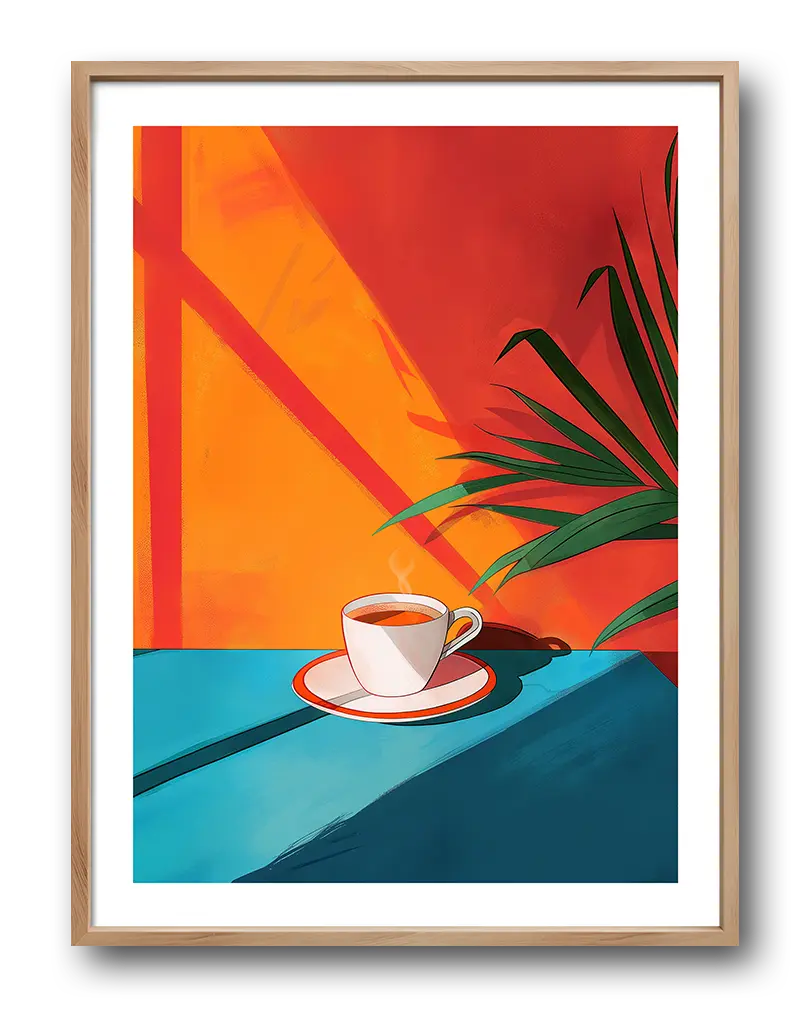 A peaceful illustration of a steaming cup of coffee placed on a vibrant blue table, bathed in warm sunlight with tropical plant shadows. Perfect wall art for coffee lovers, creating a relaxing and cozy ambiance in any space