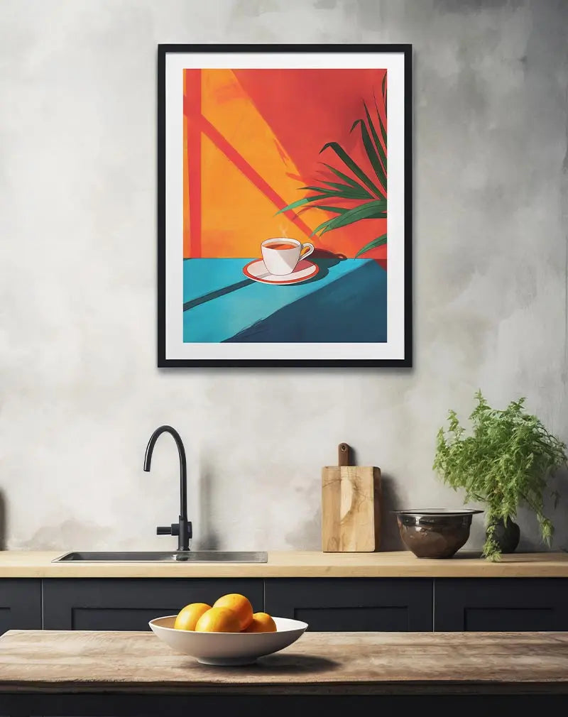 A peaceful illustration of a steaming cup of coffee placed on a vibrant blue table, bathed in warm sunlight with tropical plant shadows. Perfect wall art for coffee lovers, creating a relaxing and cozy ambiance in any space