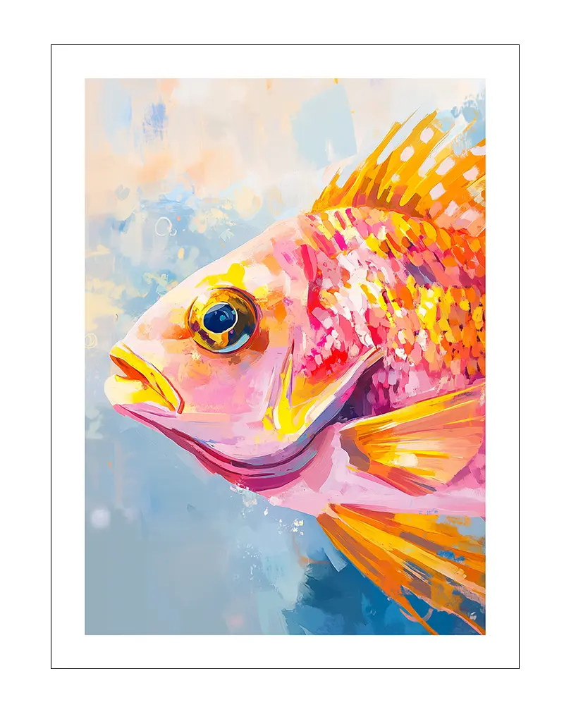 A vibrant and colorful illustration of a fish in shades of pink, orange, and yellow with a textured blue background. This stunning wall art is perfect for brightening up aquatic-themed or contemporary spaces