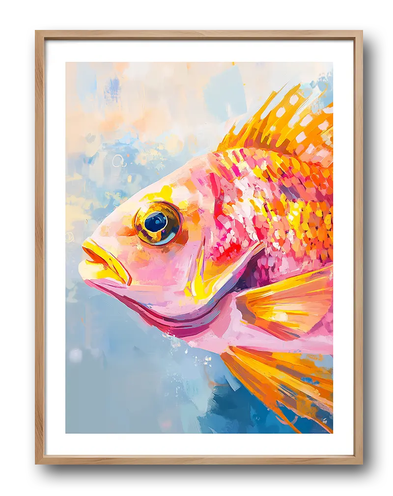 A vibrant and colorful illustration of a fish in shades of pink, orange, and yellow with a textured blue background. This stunning wall art is perfect for brightening up aquatic-themed or contemporary spaces