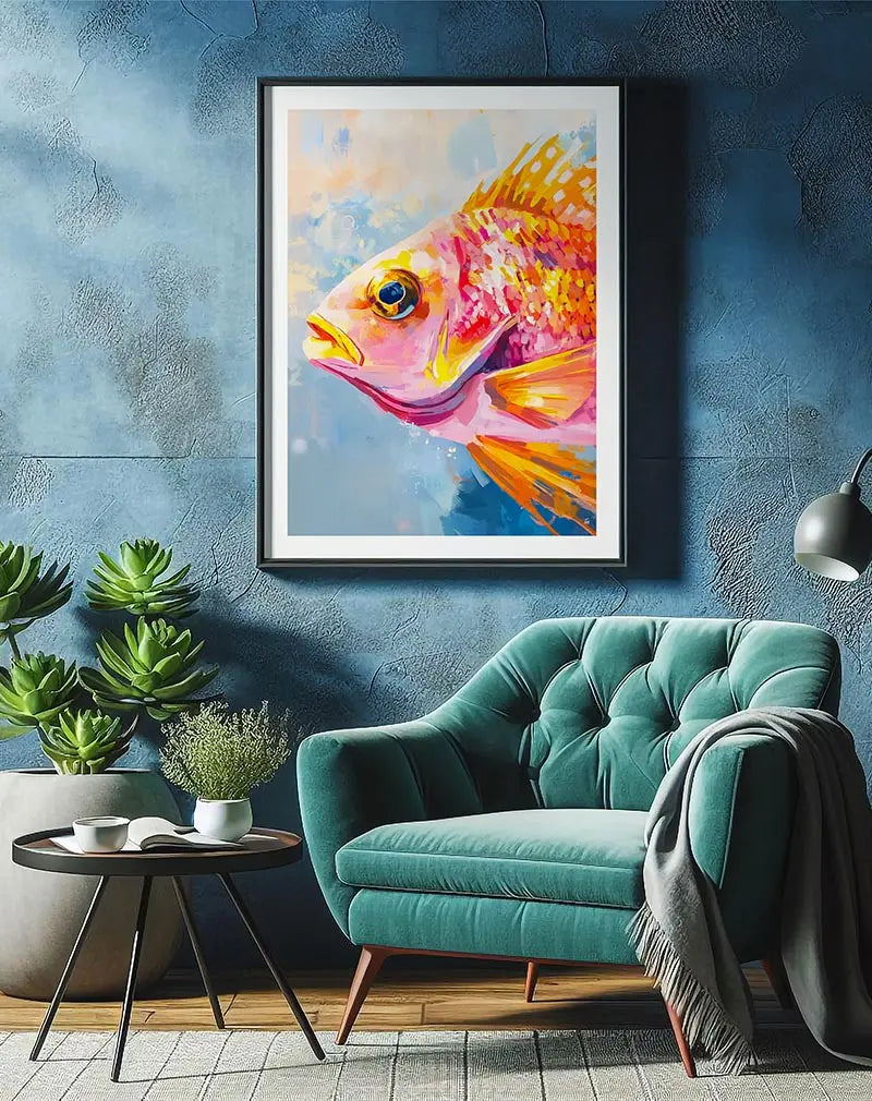 A vibrant and colorful illustration of a fish in shades of pink, orange, and yellow with a textured blue background. This stunning wall art is perfect for brightening up aquatic-themed or contemporary spaces