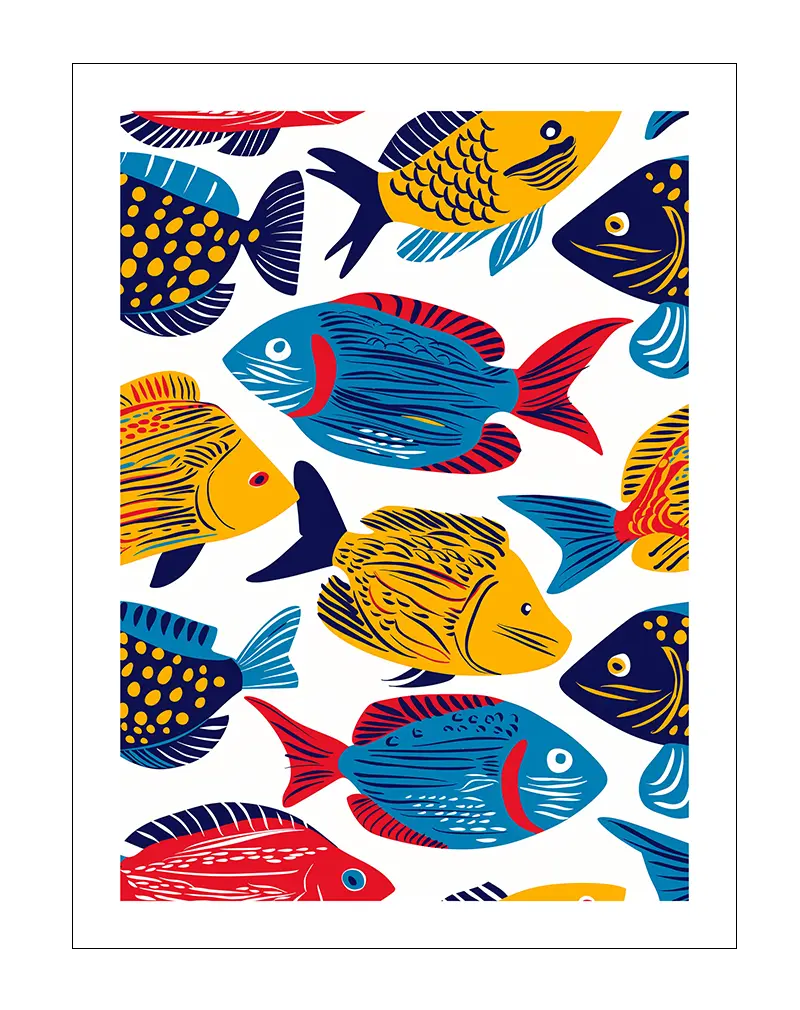 A vibrant illustration featuring a variety of colorful fish in bold reds, blues, yellows, and oranges. Perfect wall art for brightening up any space with a playful and lively ocean theme