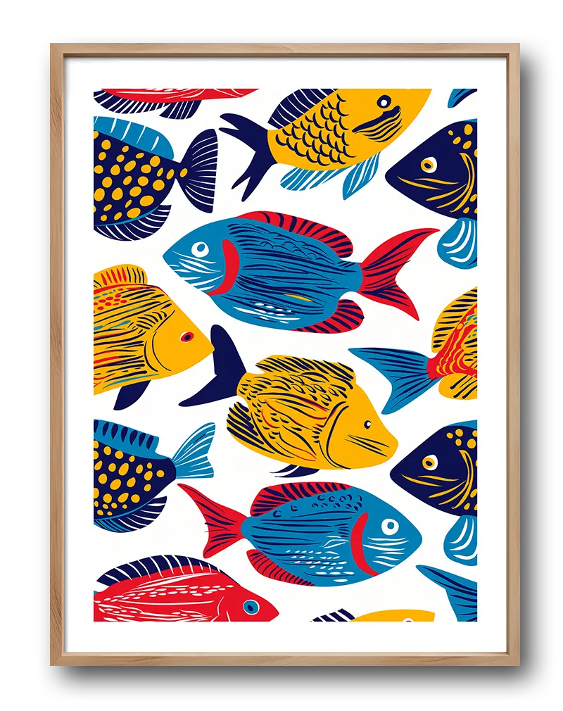 A vibrant illustration featuring a variety of colorful fish in bold reds, blues, yellows, and oranges. Perfect wall art for brightening up any space with a playful and lively ocean theme