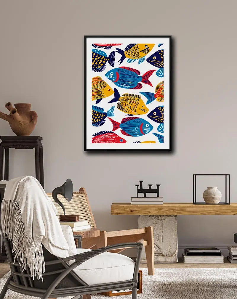 A vibrant illustration featuring a variety of colorful fish in bold reds, blues, yellows, and oranges. Perfect wall art for brightening up any space with a playful and lively ocean theme