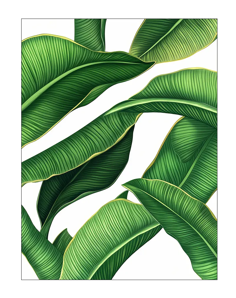 A detailed illustration of lush tropical green leaves with golden edges, creating a fresh and vibrant atmosphere. Perfect wall art for bringing a touch of nature and elegance into any living space