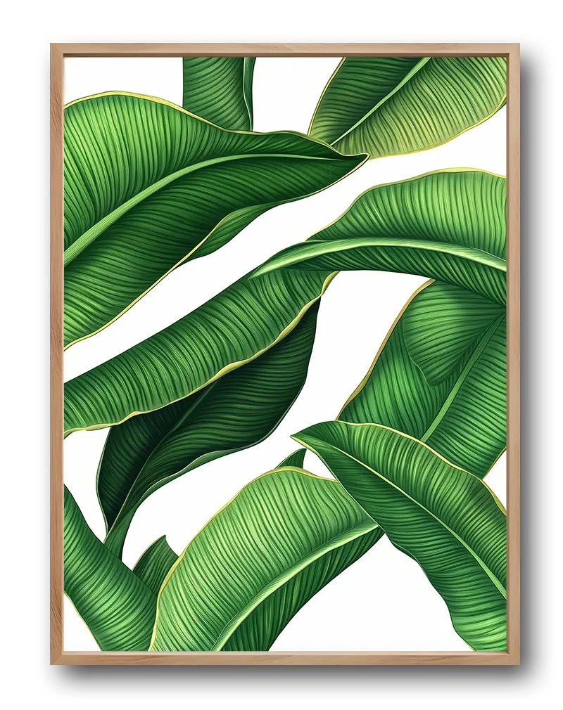 A detailed illustration of lush tropical green leaves with golden edges, creating a fresh and vibrant atmosphere. Perfect wall art for bringing a touch of nature and elegance into any living space