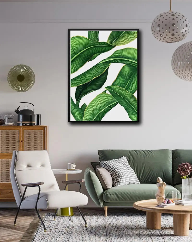 A detailed illustration of lush tropical green leaves with golden edges, creating a fresh and vibrant atmosphere. Perfect wall art for bringing a touch of nature and elegance into any living space