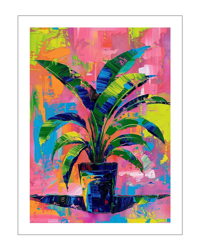 A bold and colorful painting of a tropical plant set against a vibrant background with rich, textured brushstrokes. Perfect wall art for adding energy and a modern touch to any room