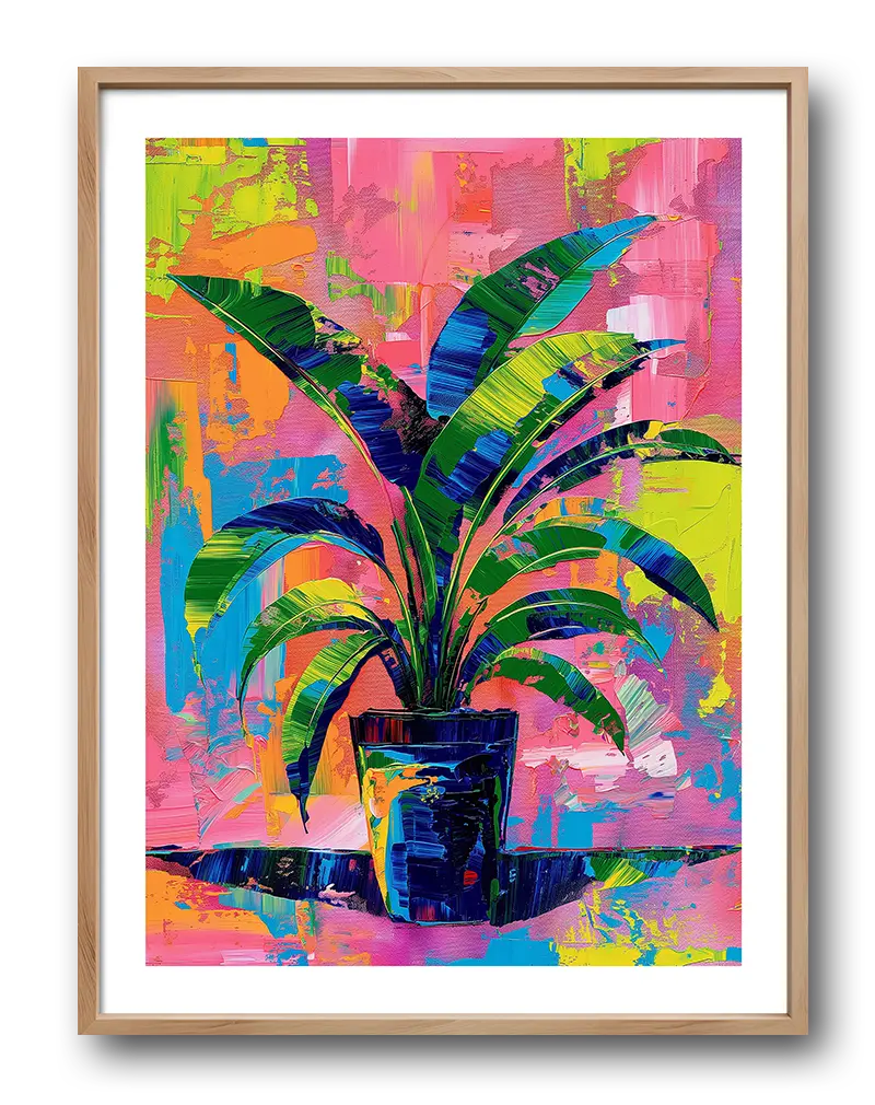 A bold and colorful painting of a tropical plant set against a vibrant background with rich, textured brushstrokes. Perfect wall art for adding energy and a modern touch to any room