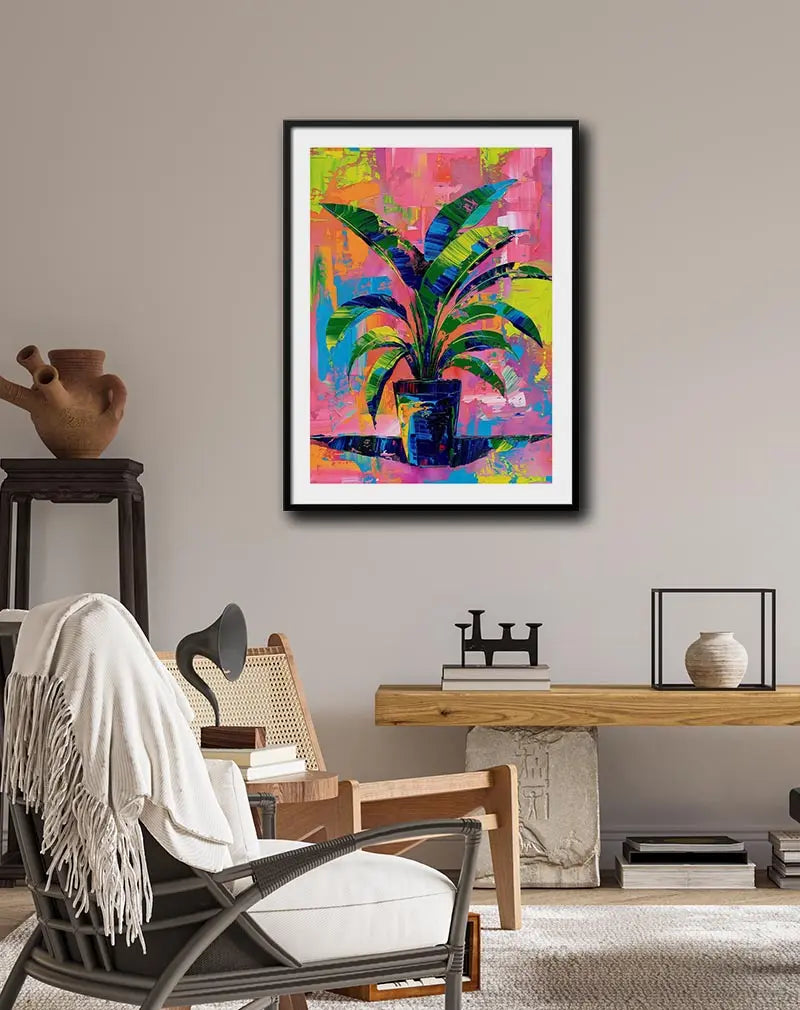 A bold and colorful painting of a tropical plant set against a vibrant background with rich, textured brushstrokes. Perfect wall art for adding energy and a modern touch to any room