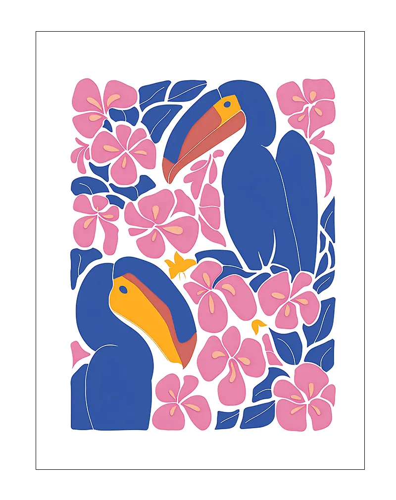 A bright and bold illustration of two toucans surrounded by vibrant pink flowers. Perfect wall art for a tropical and playful vibe in any space