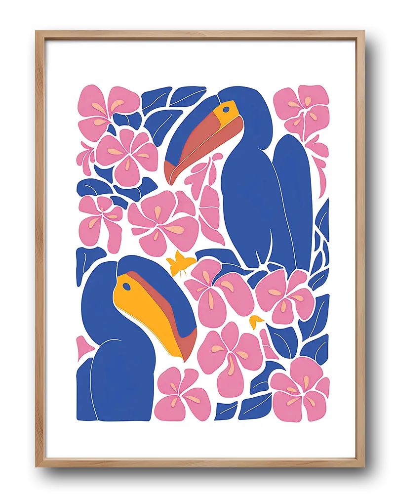 A bright and bold illustration of two toucans surrounded by vibrant pink flowers. Perfect wall art for a tropical and playful vibe in any space