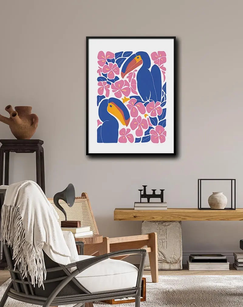 A bright and bold illustration of two toucans surrounded by vibrant pink flowers. Perfect wall art for a tropical and playful vibe in any space