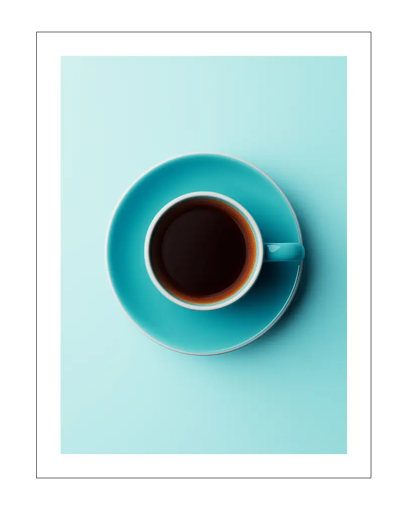 A minimalist top view of a turquoise coffee cup filled with black coffee against a matching light turquoise background. Perfect wall art for a modern kitchen or coffee nook