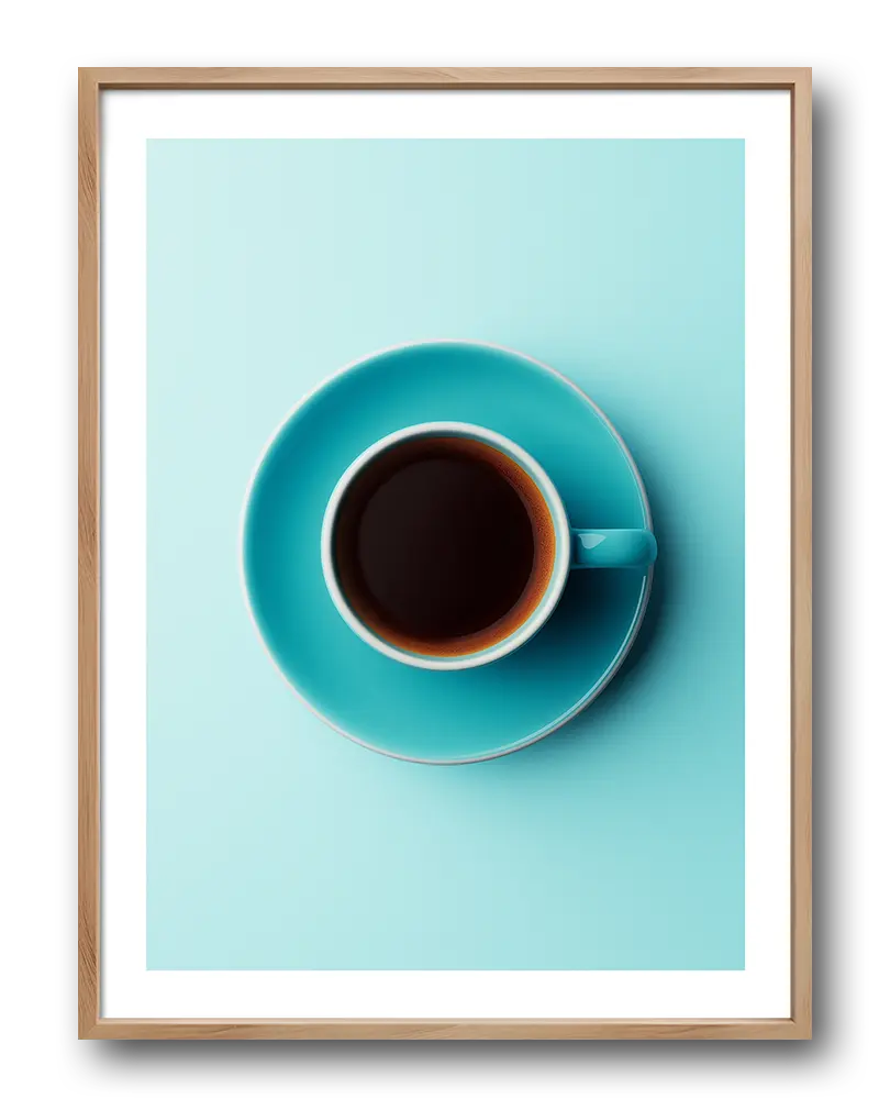 A minimalist top view of a turquoise coffee cup filled with black coffee against a matching light turquoise background. Perfect wall art for a modern kitchen or coffee nook