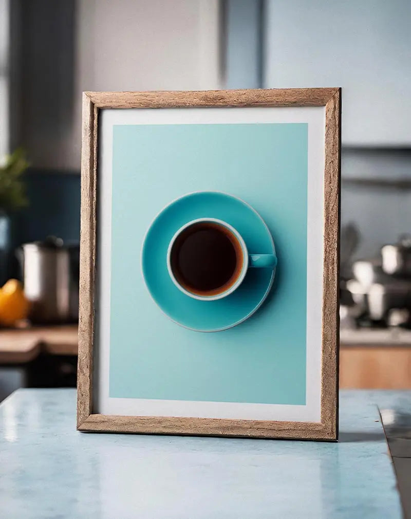 A minimalist top view of a turquoise coffee cup filled with black coffee against a matching light turquoise background. Perfect wall art for a modern kitchen or coffee nook