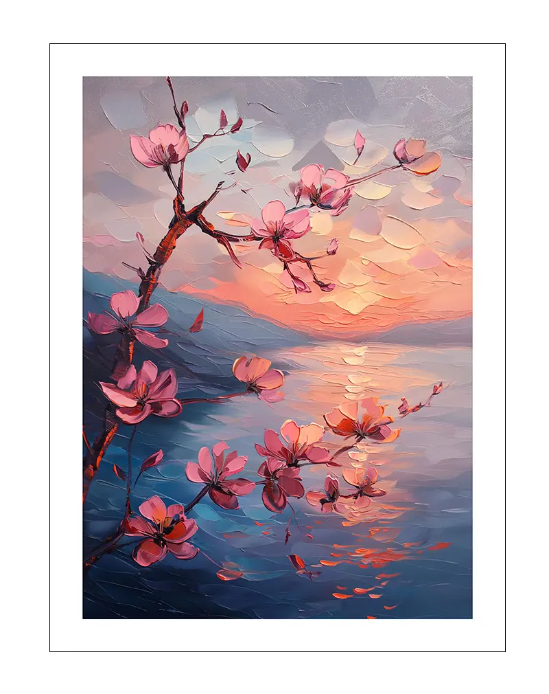 A vibrant painting of cherry blossom branches set against a glowing sunset reflected on a serene body of water. Perfect wall art for adding warmth and tranquility to any living space