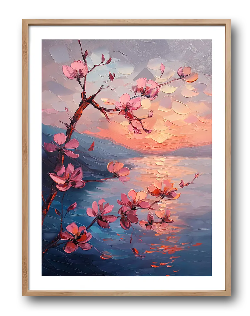 A vibrant painting of cherry blossom branches set against a glowing sunset reflected on a serene body of water. Perfect wall art for adding warmth and tranquility to any living space