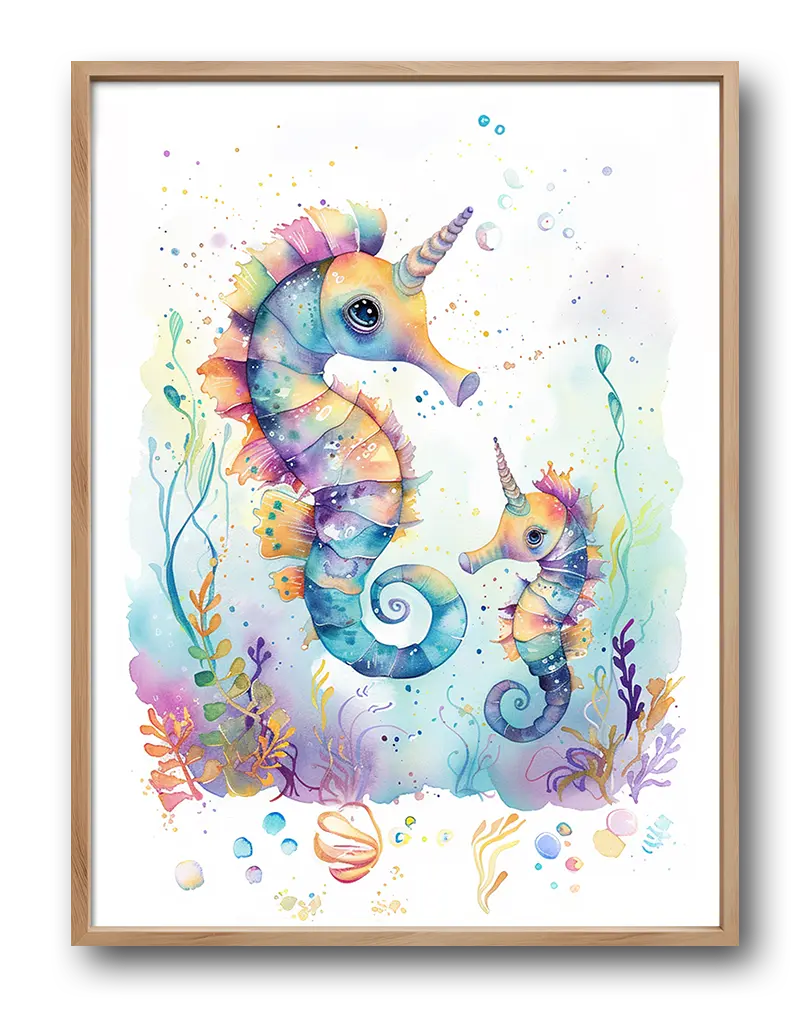 A colorful and whimsical painting of seahorses with unicorn-like horns, surrounded by vibrant underwater plants and bubbles. Perfect wall art for a children's room or nursery, adding a magical touch