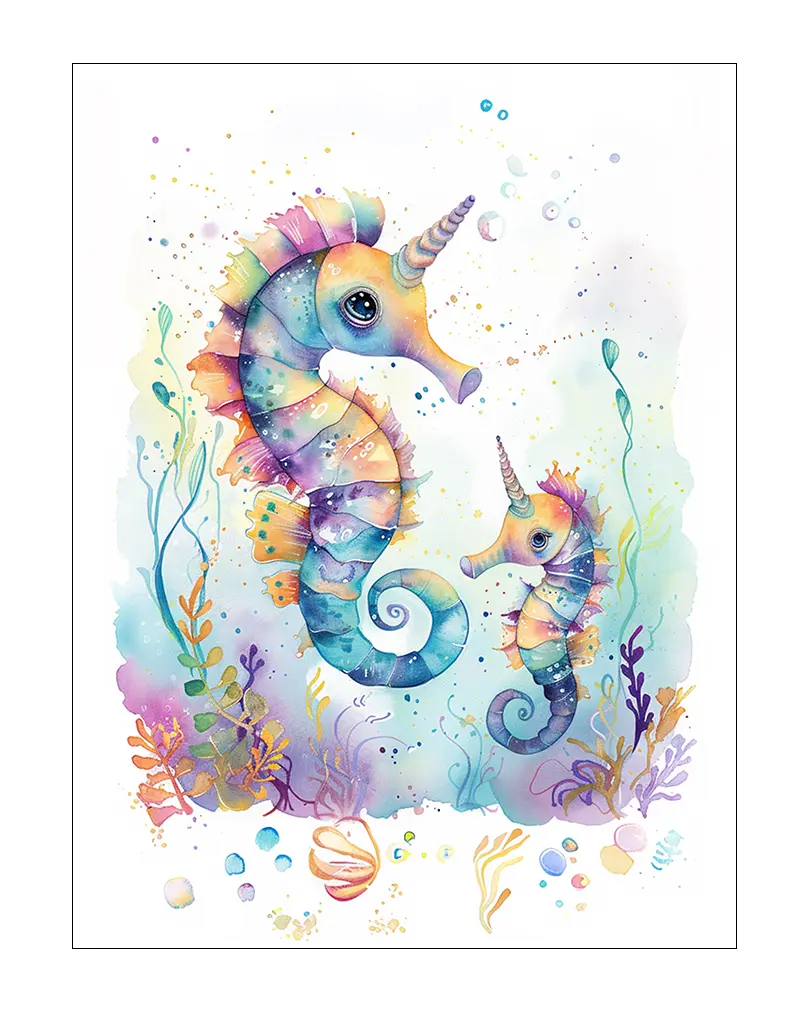 A colorful and whimsical painting of seahorses with unicorn-like horns, surrounded by vibrant underwater plants and bubbles. Perfect wall art for a children's room or nursery, adding a magical touch