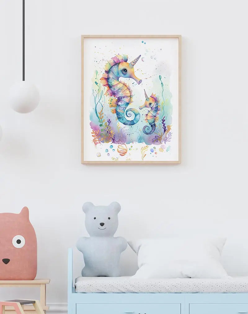 A colorful and whimsical painting of seahorses with unicorn-like horns, surrounded by vibrant underwater plants and bubbles. Perfect wall art for a children's room or nursery, adding a magical touch