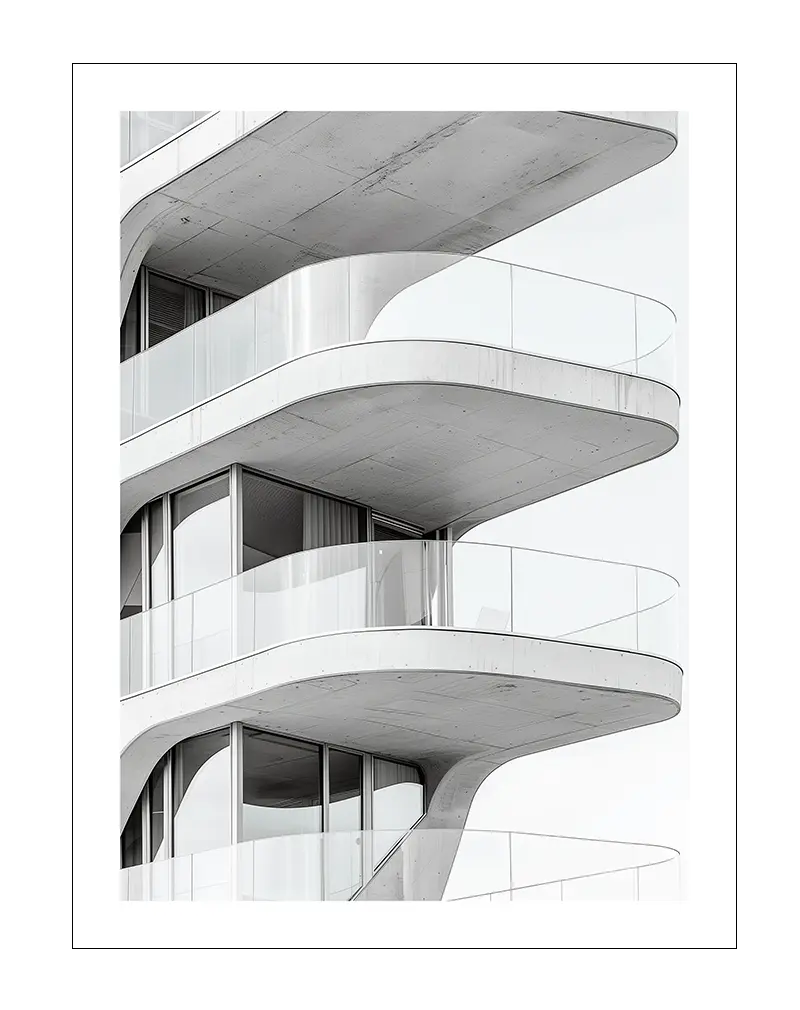 A sleek and minimalist photograph of modern architectural balconies with curved lines and glass railings. Perfect wall art for a contemporary space, bringing an elegant, urban vibe